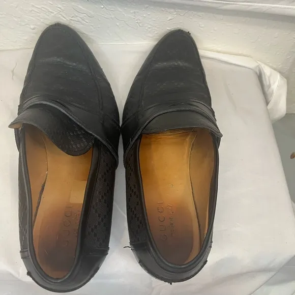 Gucci Men's Auth 10 1/2 Black Logo Diamante Leather Loafers Dress Shoes