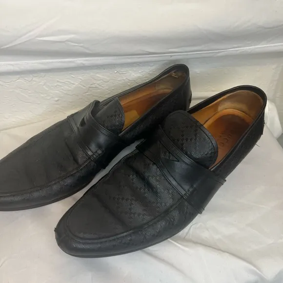 Gucci Men's Auth 10 1/2 Black Logo Diamante Leather Loafers Dress Shoes
