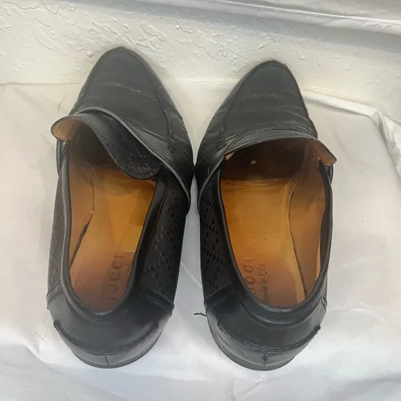 Gucci Men's Auth 10 1/2 Black Logo Diamante Leather Loafers Dress Shoes