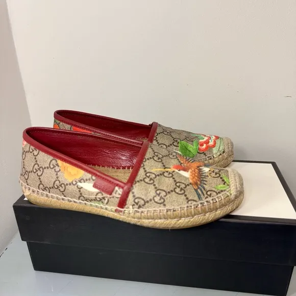 Gucci Women's Pilar Espadrille Woven Bird Jungle Print GG Supreme Flats Slides 6