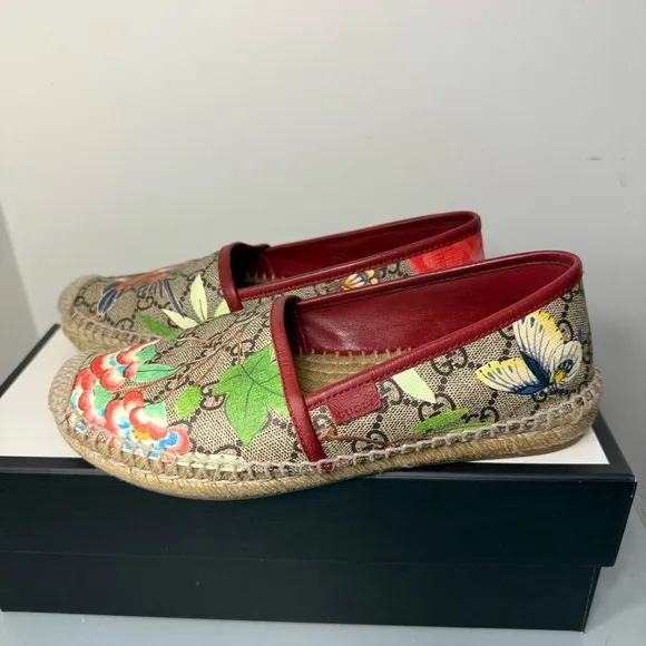 Gucci Women's Pilar Espadrille Woven Bird Jungle Print GG Supreme Flats Slides 6
