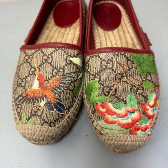 Gucci Women's Pilar Espadrille Woven Bird Jungle Print GG Supreme Flats Slides 6