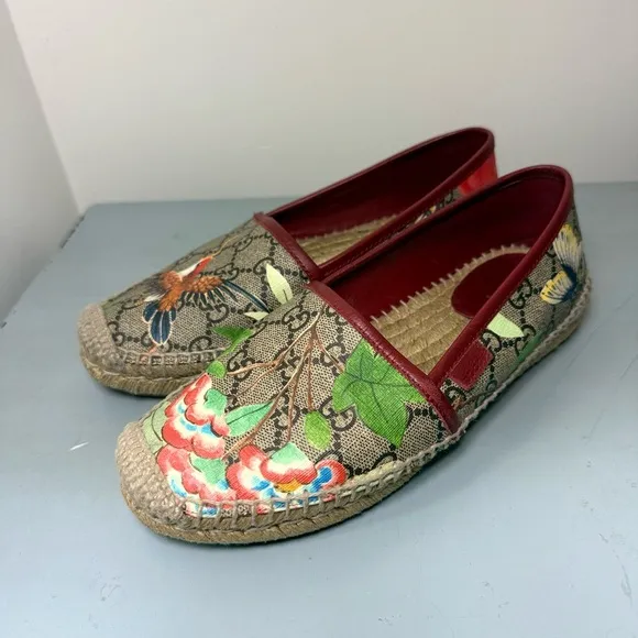Gucci Women's Pilar Espadrille Woven Bird Jungle Print GG Supreme Flats Slides 6