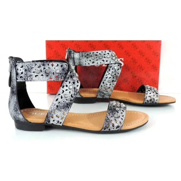 Guess Achi Perforated Crisscross Flat Sandals Back Zip Silver Multi Size 7.5