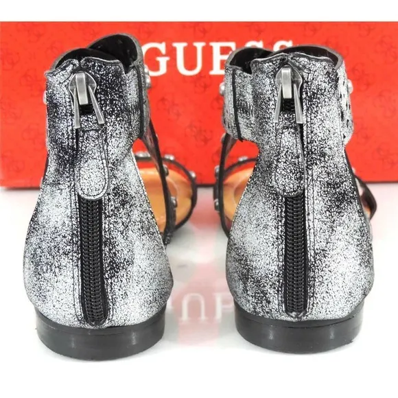 Guess Achi Perforated Crisscross Flat Sandals Back Zip Silver Multi Size 7.5