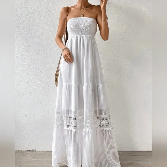 Guipure Lace Insert Ruffle Hem Tube Dress