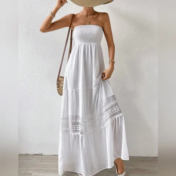 Guipure Lace Insert Ruffle Hem Tube Dress