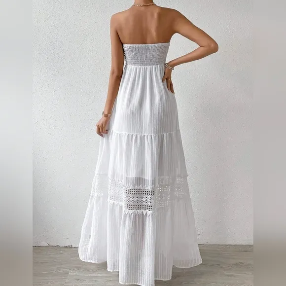 Guipure Lace Insert Ruffle Hem Tube Dress