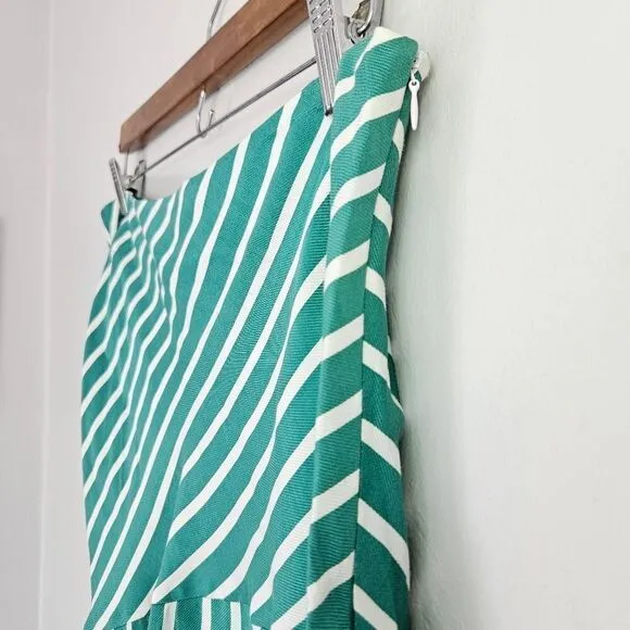 H&amp;M Silky Asymmetric Flared Striped Patterned Mint Green Midi Skirt 14