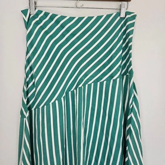 H&amp;M Silky Asymmetric Flared Striped Patterned Mint Green Midi Skirt 14