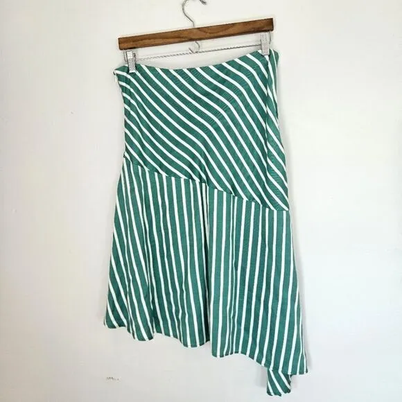 H&amp;M Silky Asymmetric Flared Striped Patterned Mint Green Midi Skirt 14