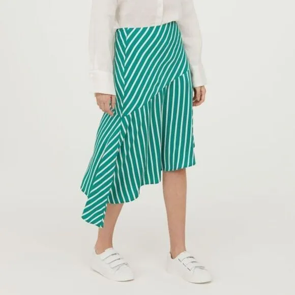 H&amp;M Silky Asymmetric Flared Striped Patterned Mint Green Midi Skirt 14