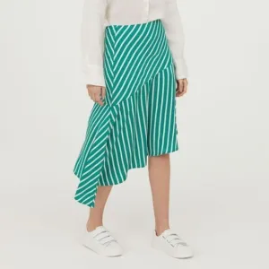 H&amp;M Silky Asymmetric Flared Striped Patterned Mint Green Midi Skirt 14