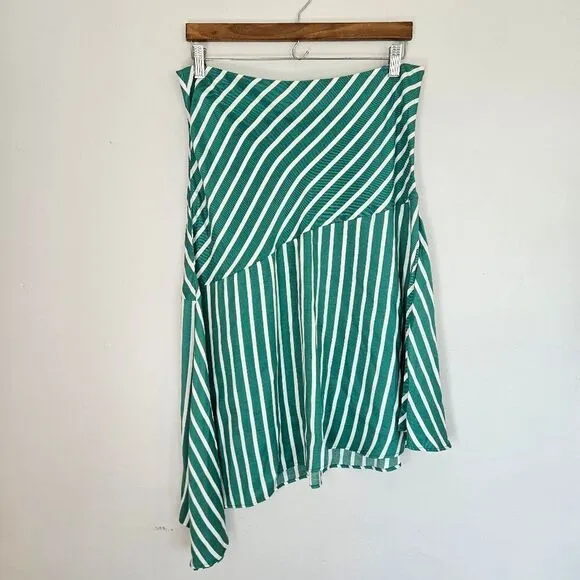 H&amp;M Silky Asymmetric Flared Striped Patterned Mint Green Midi Skirt 14