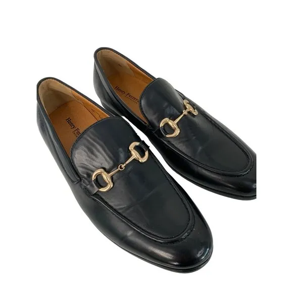 Henry Ferrera Mens Faux Leather Loafers Size 9 Black With Gold Bit Detail 7952