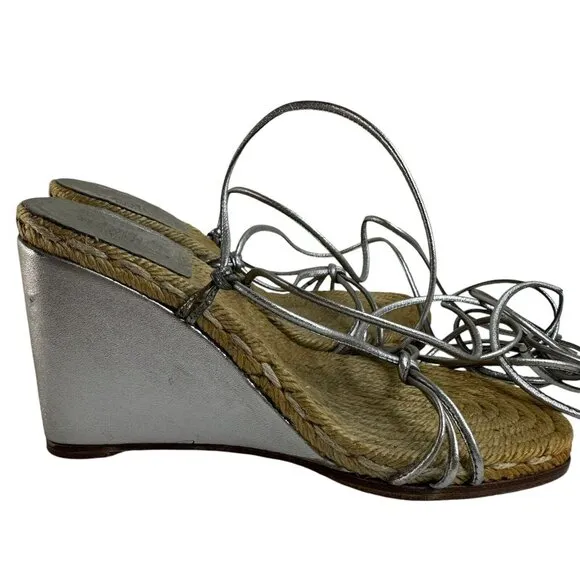 Hermes Platform Espadrille Sandals Wedge US 4.5  EU 36 Lace Up Silver Metallic