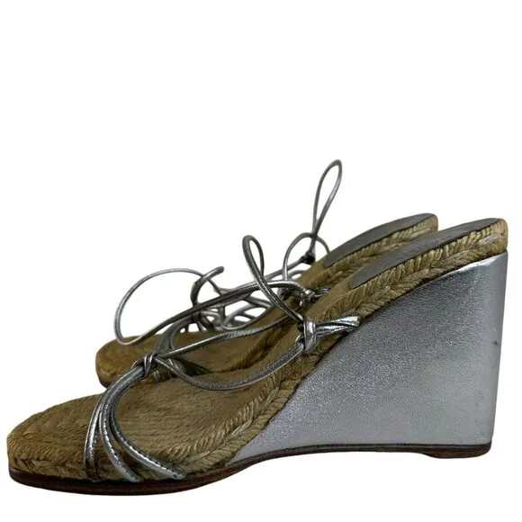 Hermes Platform Espadrille Sandals Wedge US 4.5  EU 36 Lace Up Silver Metallic