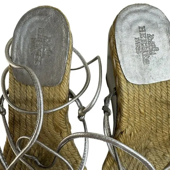 Hermes Platform Espadrille Sandals Wedge US 4.5  EU 36 Lace Up Silver Metallic
