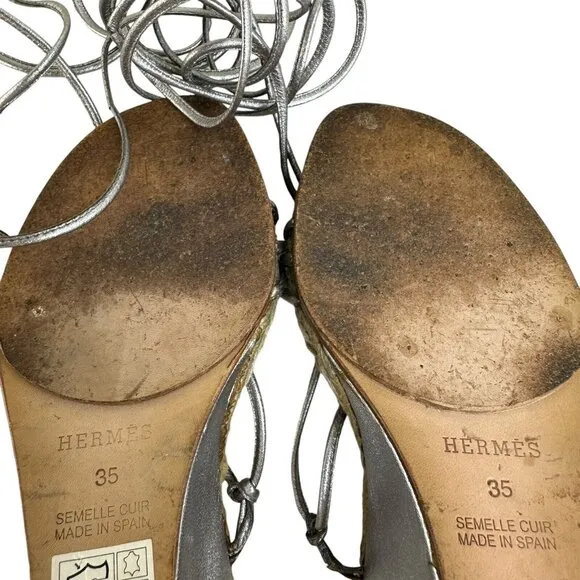 Hermes Platform Espadrille Sandals Wedge US 4.5  EU 36 Lace Up Silver Metallic