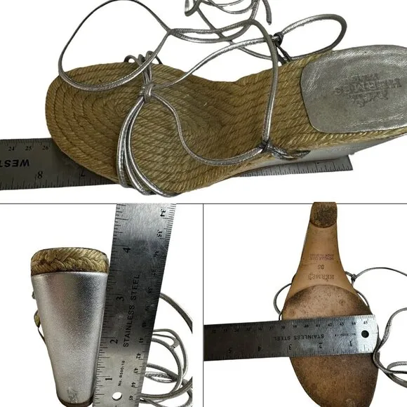 Hermes Platform Espadrille Sandals Wedge US 4.5  EU 36 Lace Up Silver Metallic