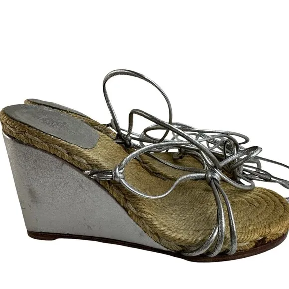 Hermes Platform Espadrille Sandals Wedge US 4.5  EU 36 Lace Up Silver Metallic