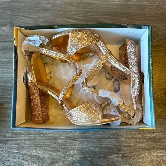 Italina Rose Gold Glitter Strappy Block Sandals
