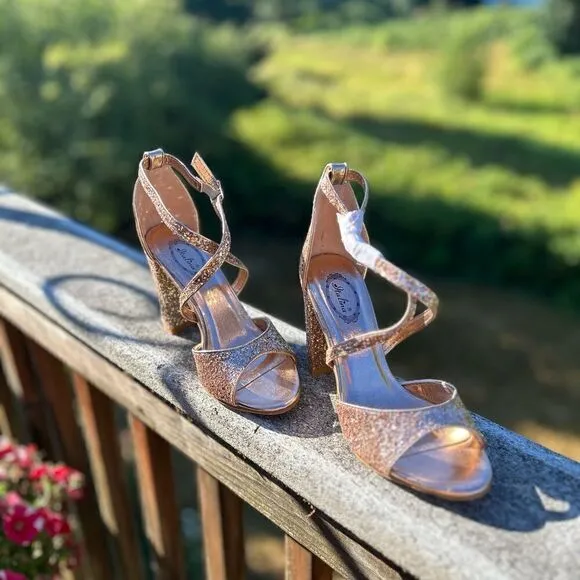 Italina Rose Gold Glitter Strappy Block Sandals