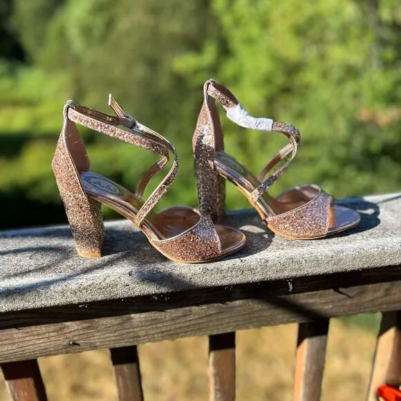 Italina Rose Gold Glitter Strappy Block Sandals