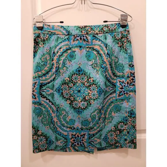 J. Crew Casbah Green Medallion Print Pencil Skirt