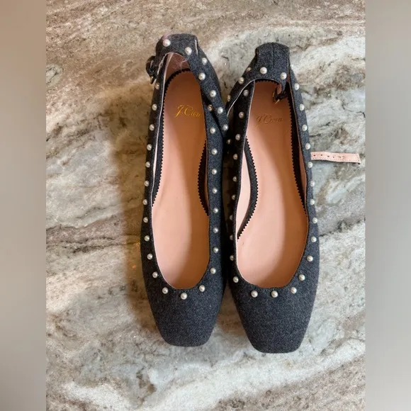 J. Crew Poppy ankle-strap ballet flats in embellished wool pearl size 9.5