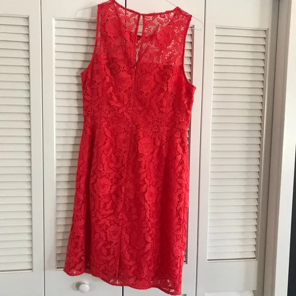 J. Crew Women’s Coral Sleeveless Sheath Midi Dress Floral Pattern Lace Size 14