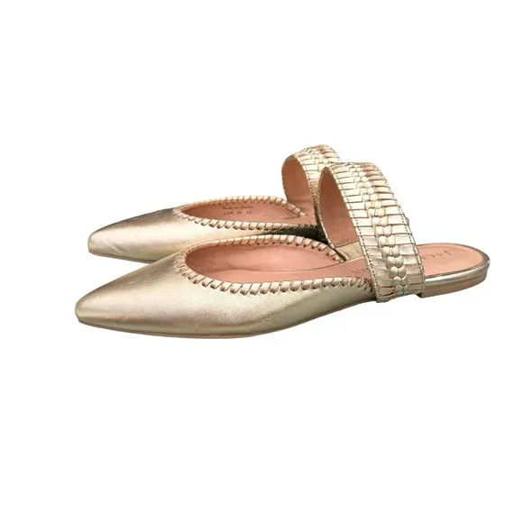 Jack Rogers Metallic Gold Leather Pointed Tow Woven Strap Mules Flats Womens