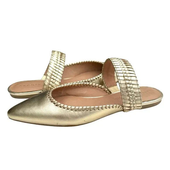 Jack Rogers Metallic Gold Leather Pointed Tow Woven Strap Mules Flats Womens