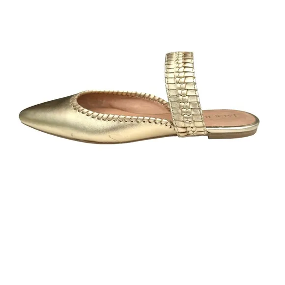 Jack Rogers Metallic Gold Leather Pointed Tow Woven Strap Mules Flats Womens