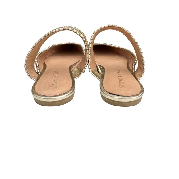 Jack Rogers Metallic Gold Leather Pointed Tow Woven Strap Mules Flats Womens