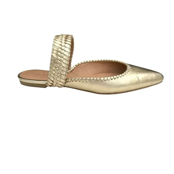 Jack Rogers Metallic Gold Leather Pointed Tow Woven Strap Mules Flats Womens
