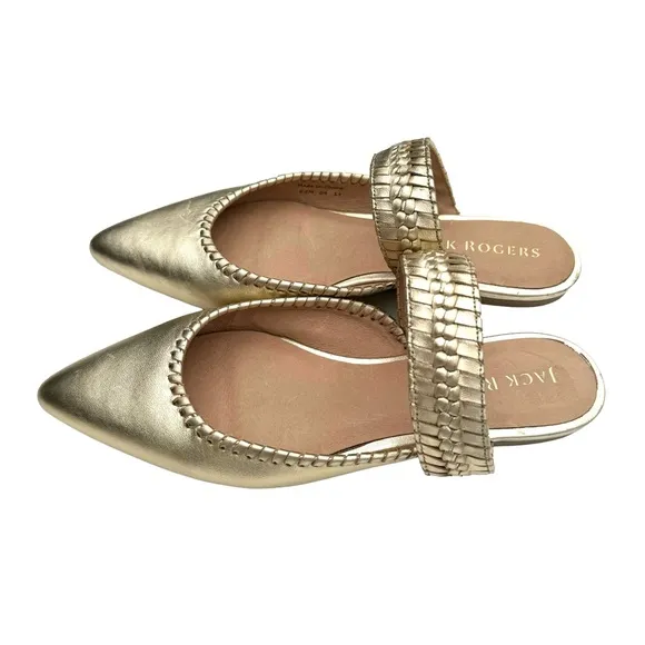 Jack Rogers Metallic Gold Leather Pointed Tow Woven Strap Mules Flats Womens