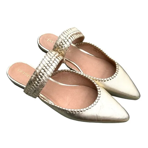 Jack Rogers Metallic Gold Leather Pointed Tow Woven Strap Mules Flats Womens