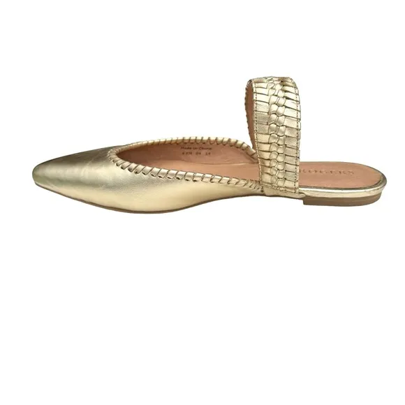 Jack Rogers Metallic Gold Leather Pointed Tow Woven Strap Mules Flats Womens