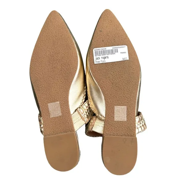 Jack Rogers Metallic Gold Leather Pointed Tow Woven Strap Mules Flats Womens