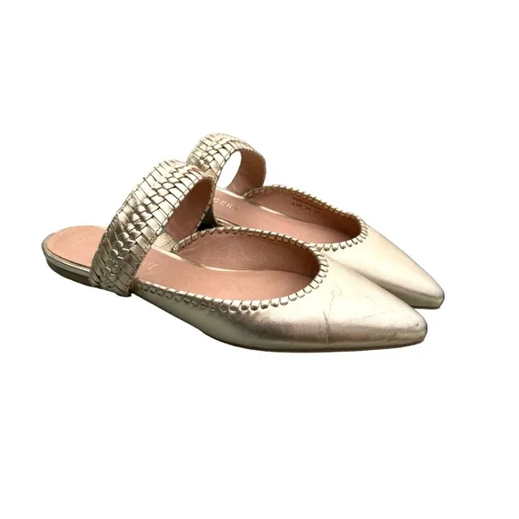 Jack Rogers Metallic Gold Leather Pointed Tow Woven Strap Mules Flats Womens