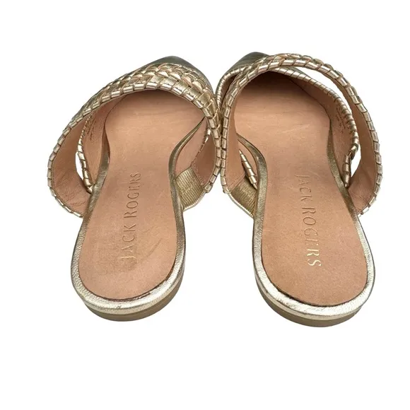Jack Rogers Metallic Gold Leather Pointed Tow Woven Strap Mules Flats Womens