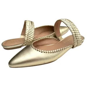 Jack Rogers Metallic Gold Leather Pointed Tow Woven Strap Mules Flats Womens