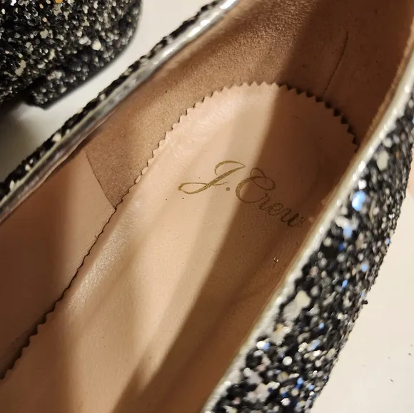 J.Crew Silver/Gunmetal Glitter Pointy-Toe Mary Jane Flats Sz.7.5 Ret.$175