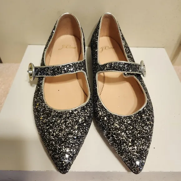 J.Crew Silver/Gunmetal Glitter Pointy-Toe Mary Jane Flats Sz.7.5 Ret.$175