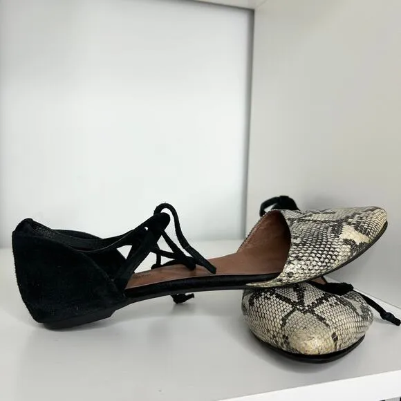 JEFFREY CAMPBELL Flats Womens Size 8.5 Snakeskin Pointed Toe Lace Up Wrap Ballet