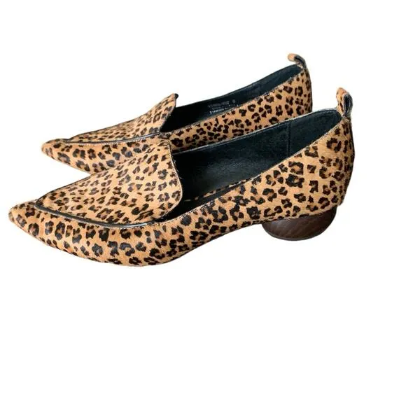 Jeffrey Campbell Viona Size 6 Leopard Print Wood Heel Flats Pointed Toe Real Fur