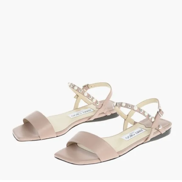 Jimmy Choo Aadra Flat Pink Pearl Sandals Square toe Size 39.5. , 9.5