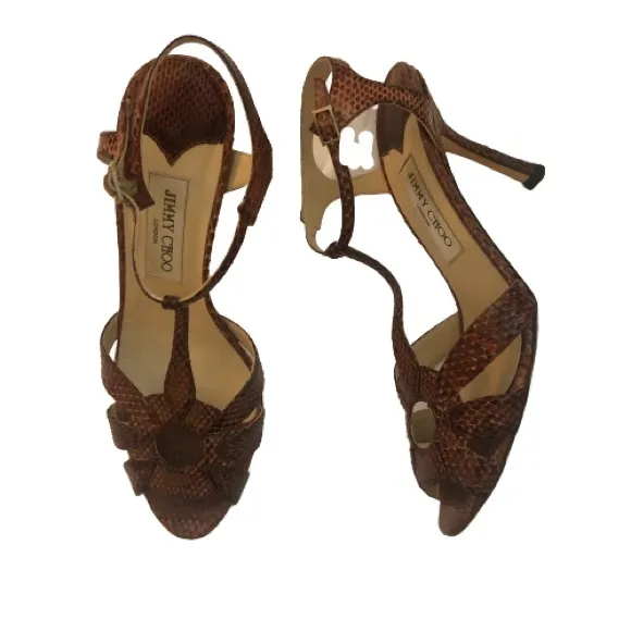 Jimmy Choo Chestnut Snakeskin Leather Strappy Heeled Sandals 38.5 EPC