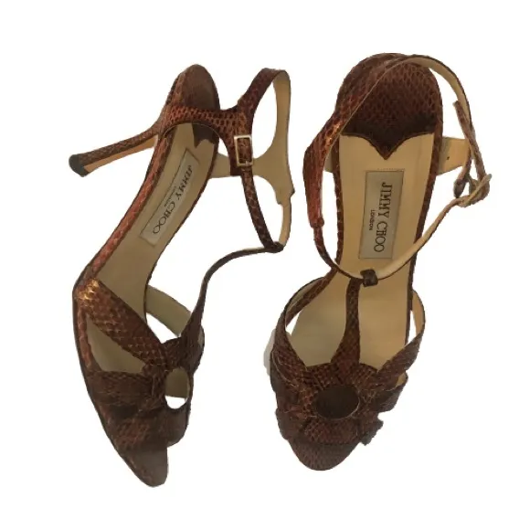 Jimmy Choo Chestnut Snakeskin Leather Strappy Heeled Sandals 38.5 EPC